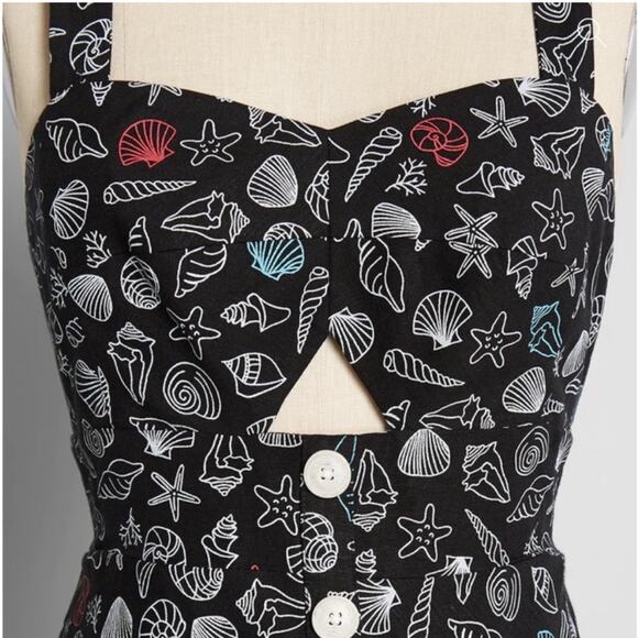 ModCloth Seashells Dress 8 Black Beach Vacation Cutout Linen Retro Coastal New - Picture 7 of 9